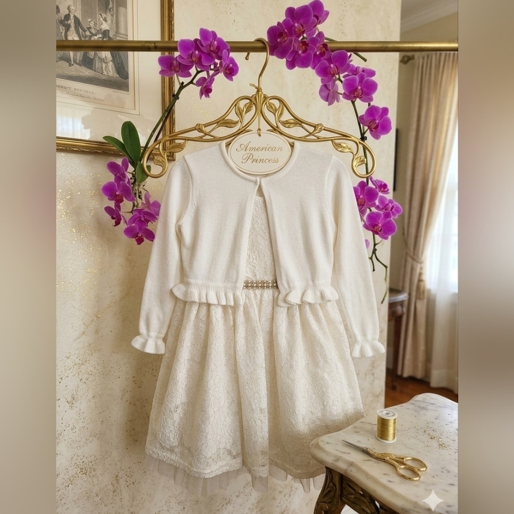 American Princesd Girls Ivory Lace Party Dress w/Cardigan&Gold Accent Belt, NWT